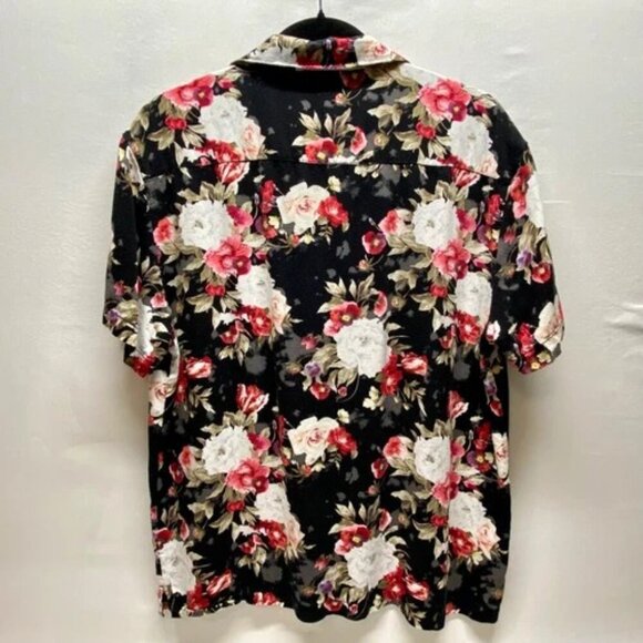 Forever 21 Button Down Shirt Men's Large Black Red White Floral Short Sleeve GUC - Picture 4 of 7
